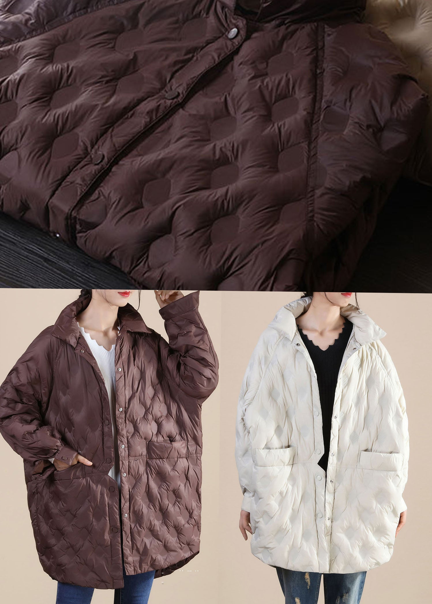  Boho Beige Pockets Patchwork Casual Winter Duck Down Jackets - Down Jackets - DYAVOR® 