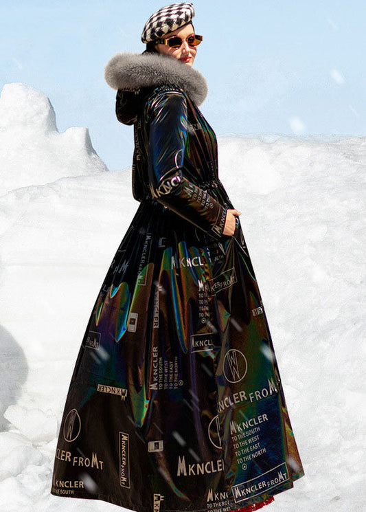  Boho Black Fox collar Drawstring Letter Print Duck Down Puffers Jackets Winter - Down Jackets - DYAVOR® 