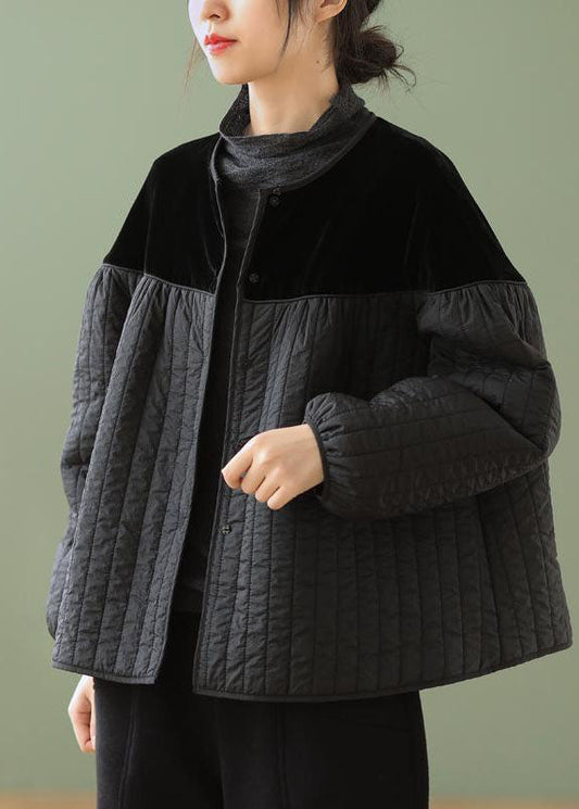 Boho Black O-Neck Button Patchwork Winter Jackets Long sleeve - Down Jackets - DYAVOR® 