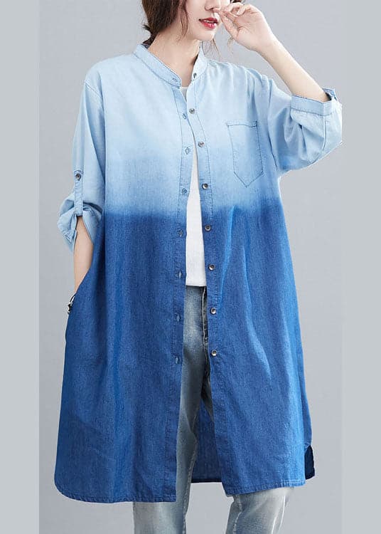  Boho Blue Pockets Button Gradient color Fall Denim Trench Long sleeve - Coats - DYAVOR® 