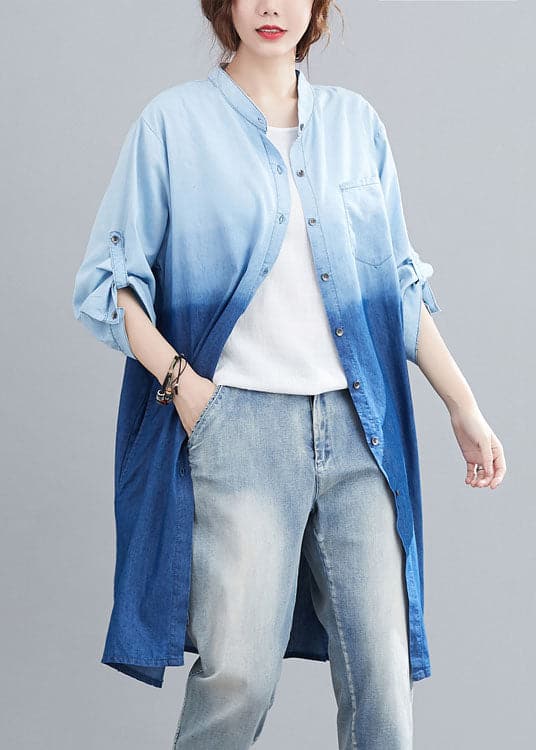  Boho Blue Pockets Button Gradient color Fall Denim Trench Long sleeve - Coats - DYAVOR® 