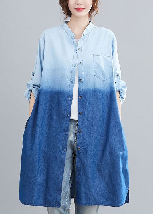  Boho Blue Pockets Button Gradient color Fall Denim Trench Long sleeve - Coats - DYAVOR® 