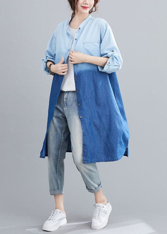  Boho Blue Pockets Button Gradient color Fall Denim Trench Long sleeve - Coats - DYAVOR® 