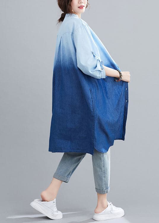  Boho Blue Pockets Button Gradient color Fall Denim Trench Long sleeve - Coats - DYAVOR® 