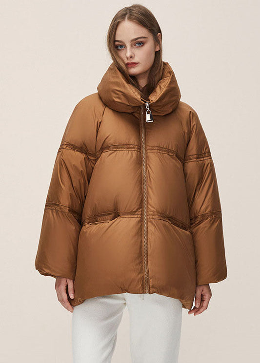 Boho Brown Stand Collar Zippered Thick Duck Down Puffer Jacket Winter - Down Jackets - DYAVOR® 