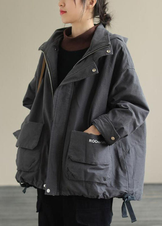  Boho Grey Zippered Loose Casual Drawstring Fall Long Sleeve Coat - Down Jackets - DYAVOR® 