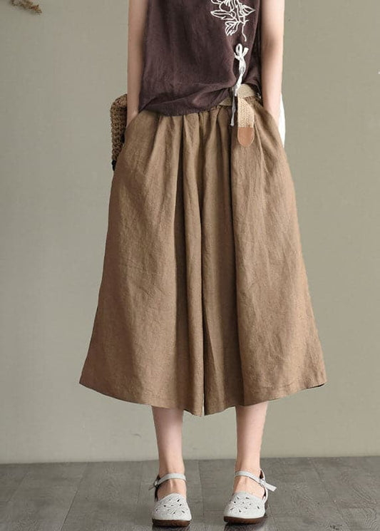  Boho Khaki Elastic Waist Oversized Pockets Linen Wide Leg Crop Pants Summer - Crop Pants - DYAVOR® 