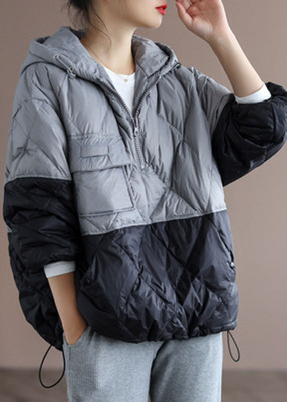  Boho Orange Patchwork Black hooded Loose Winter Down coat - Down Jackets - DYAVOR® 