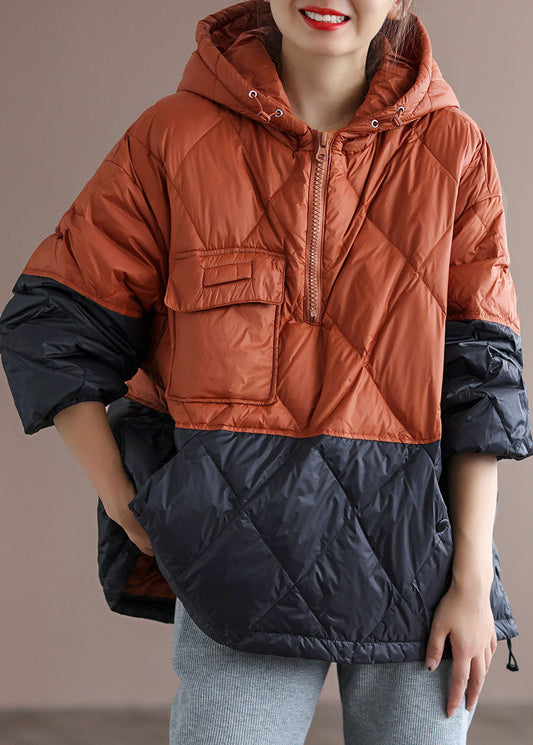  Boho Orange Patchwork Black hooded Loose Winter Down coat - Down Jackets - DYAVOR® 
