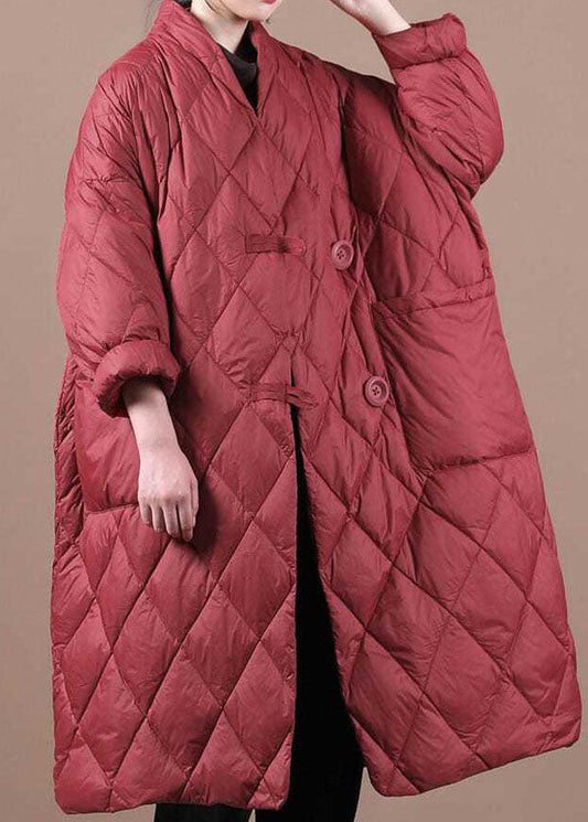  Boho Red V Neck Button Fine Cotton Filled Winter parka - Down Jackets - DYAVOR® 