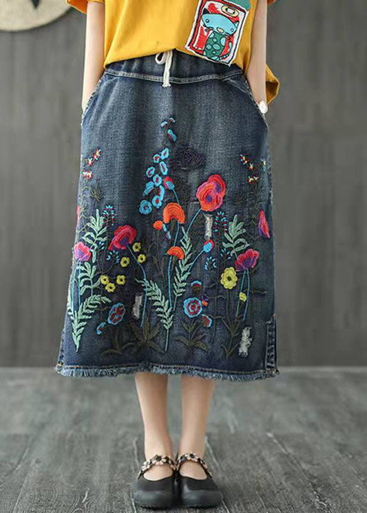  Boho Dark Blue Embroideried Tasseled A Line Summer Skirts Denim - Skirts - DYAVOR® 