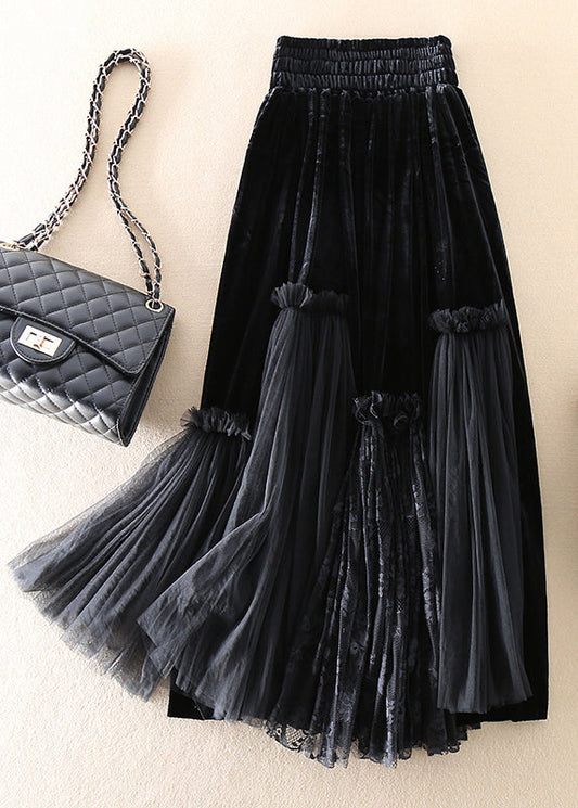  Boutique Black Silk Velour Patchwork Tulle Skirt Spring - Skirts - DYAVOR® 