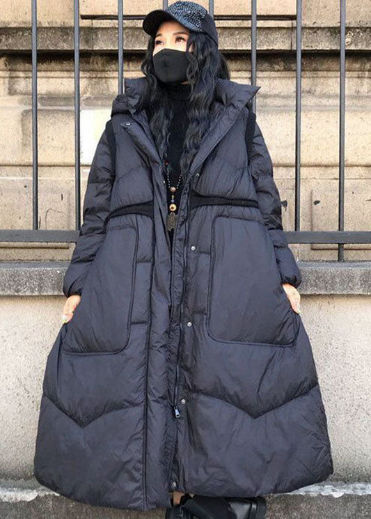  Boutique Black Stand Collar Hooded Drawstring Pockets Duck Down Cinch Coats Winter - Down Jackets - DYAVOR® 