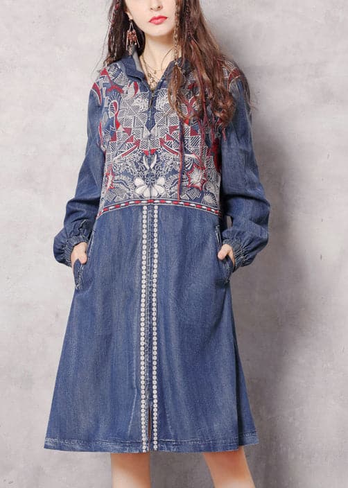  Boutique Blue zippered Hooded Embroideried Pockets Denim trench coats Spring - Trench coats - DYAVOR® 