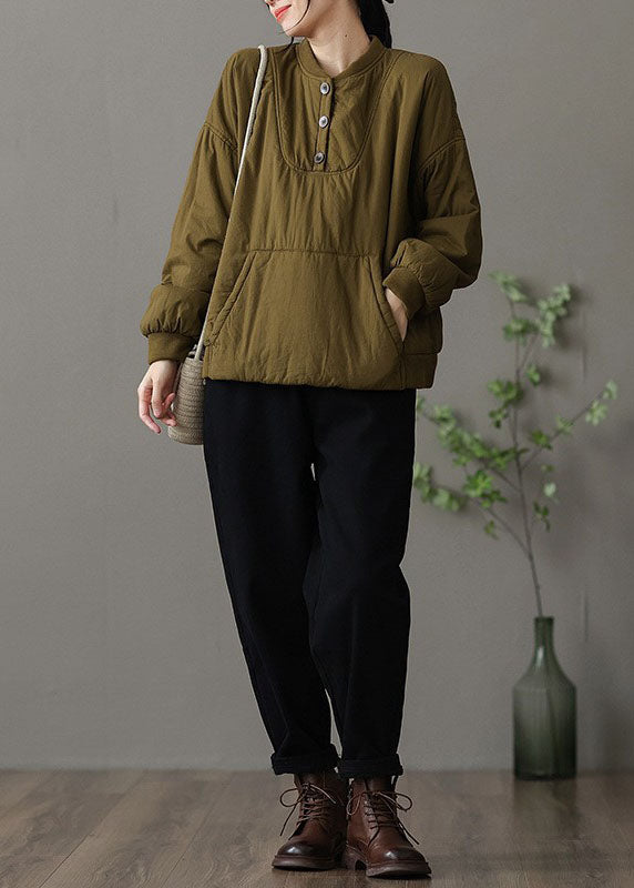  Boutique Brown Yellow Stand Collar Patchwork Pockets Fine Cotton Filled Parkaer Winter - Down Jackets - DYAVOR® 