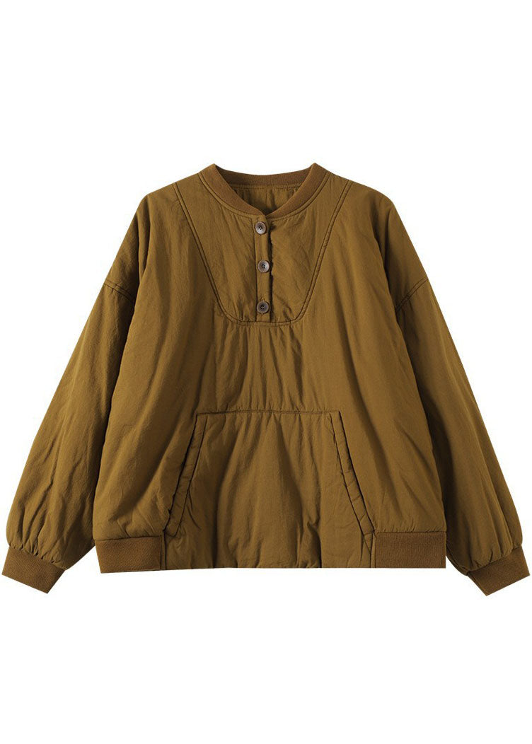  Boutique Brown Yellow Stand Collar Patchwork Pockets Fine Cotton Filled Parkaer Winter - Down Jackets - DYAVOR® 