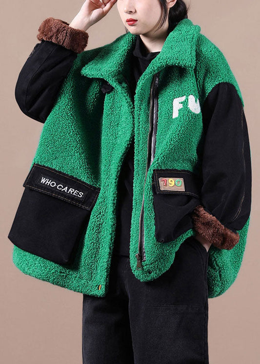  Boutique Green Embroideried denim Patchwork Faux Fur Jackets Winter - Down Jackets - DYAVOR® 