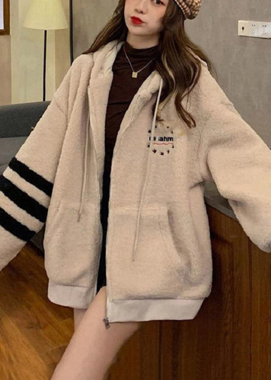  Casual Apricot Striped Patchwork Warm Fleece Thick Faux Fur Hooded Parka Winter - Down Jackets - DYAVOR® 