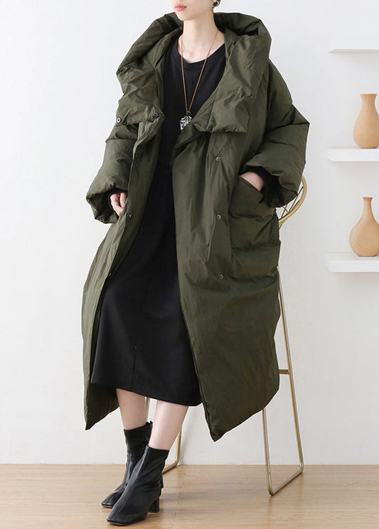  Casual Army Green Turtleneck Zippered Duck Down Hooded Long Down Coat Winter - Down Jackets - DYAVOR® 