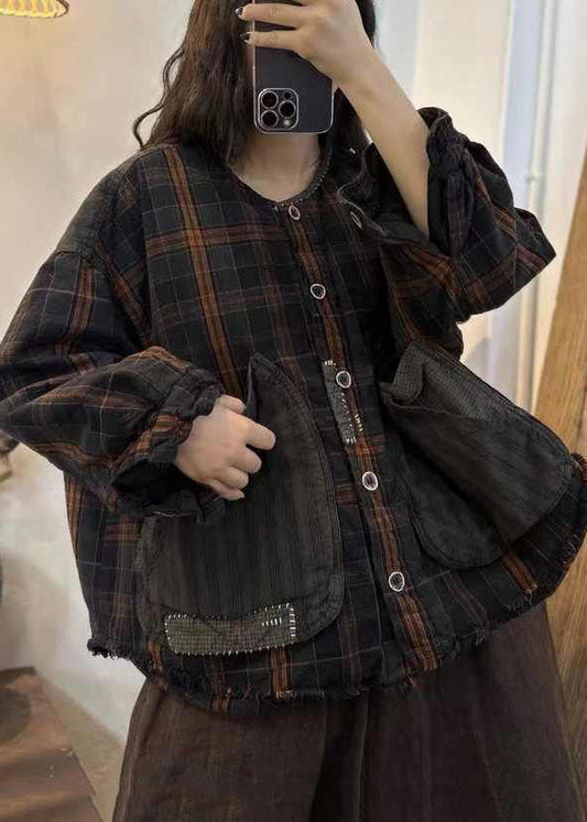  Casual Black Brown Plaid Oversized Patchwork Big Pockets Fine Cotton Filled Coat Winter - Down Jackets - DYAVOR® 
