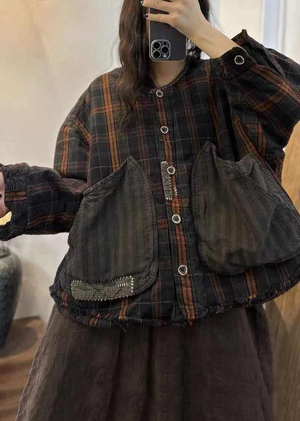  Casual Black Brown Plaid Oversized Patchwork Big Pockets Fine Cotton Filled Coat Winter - Down Jackets - DYAVOR® 