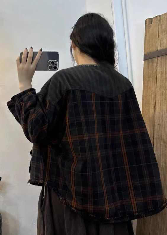  Casual Black Brown Plaid Oversized Patchwork Big Pockets Fine Cotton Filled Coat Winter - Down Jackets - DYAVOR® 