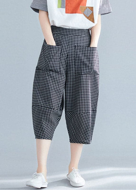  Casual Black Plaid Elastic Waist Pockets Cotton Crop Pants Trousers Summer - Crop Pants - DYAVOR® 