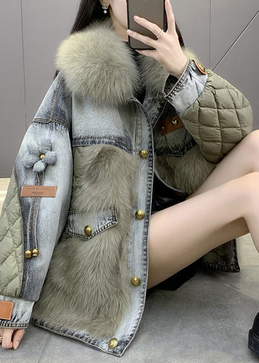  Casual Green Fox collar Denim Patchwork Button Down Coats Winter - Down Jackets - DYAVOR® 
