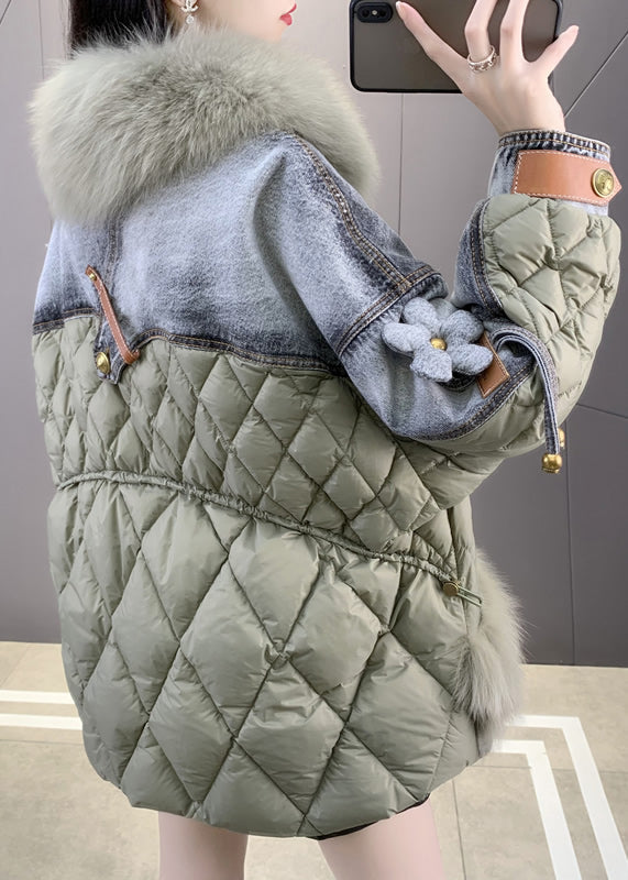 Casual Green Fox collar Denim Patchwork Button Down Coats Winter - Down Jackets - DYAVOR® 