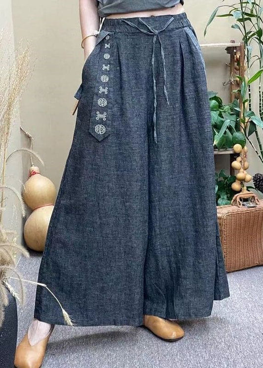  Casual Grey Elastic Waist Drawstring Pockets Linen Wide Leg Pants Summer - Pants - DYAVOR® 