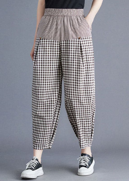  Casual Khaki Plaid Elastic Waist Patchwork Linen Harem Pants Summer - Pants - DYAVOR® 