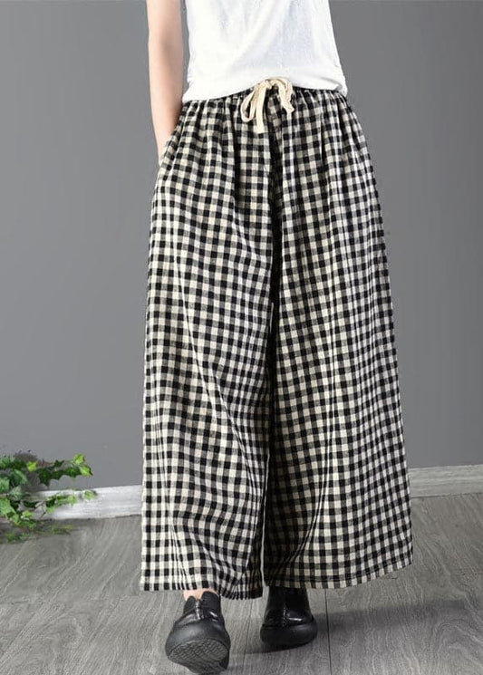  Casual Large Plaid Elastic Waist Linen Wide Leg Pants Summer - Pants - DYAVOR® 