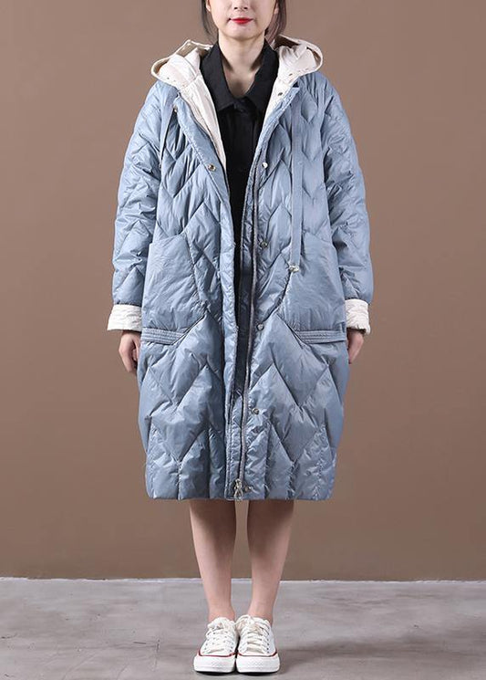  Casual Loose fitting down jacket overcoat light blue hooded zippered duck down coat -  - DYAVOR® 