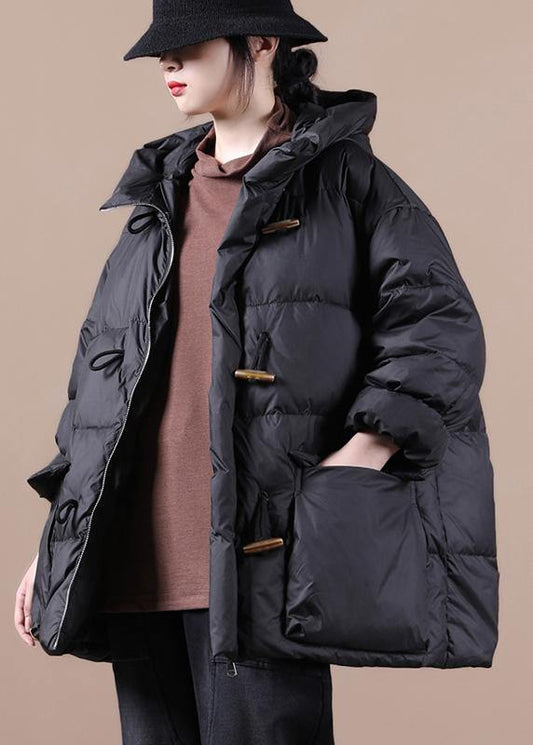  Casual Loose Fitting Womens Parka Overcoat Black Hooded Pockets Cotton Coat -  - DYAVOR® 