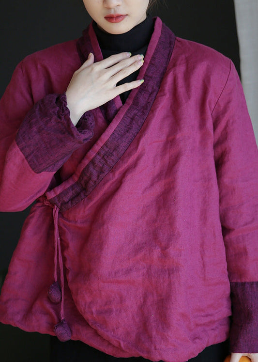  Casual Rose V Neck Tie Waist Warm Fleece Linen Parka Winte - Down Jackets - DYAVOR® 