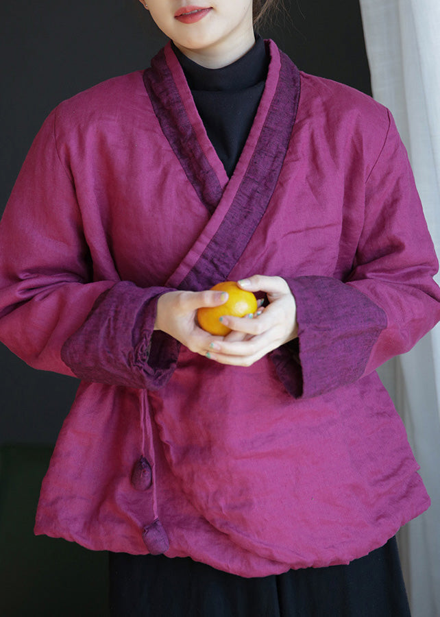  Casual Rose V Neck Tie Waist Warm Fleece Linen Parka Winte - Down Jackets - DYAVOR® 