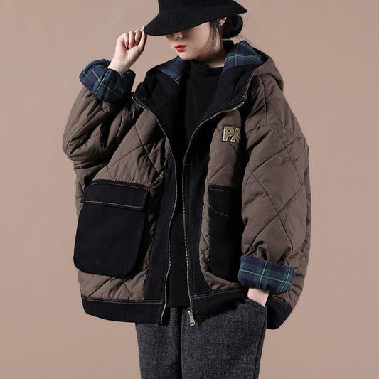  Casual oversize warm winter coat chocolate hooded patchwork plaid Parkas for women - Down Jackets - DYAVOR® 