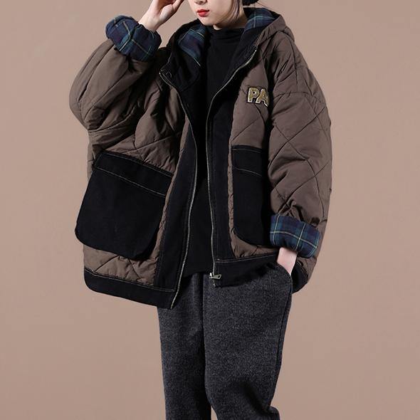 Casual oversize warm winter coat chocolate hooded patchwork plaid Parkas for women - Down Jackets - DYAVOR® 