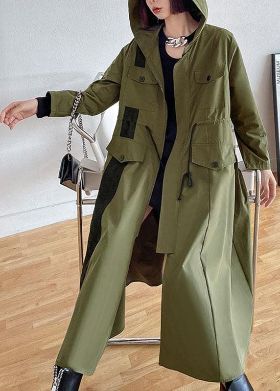  Chic Army Green Pockets Patchwork Button Zippered Fall Tie Waist Hooded Coat Long Sleeve - Trench coats - DYAVOR® 