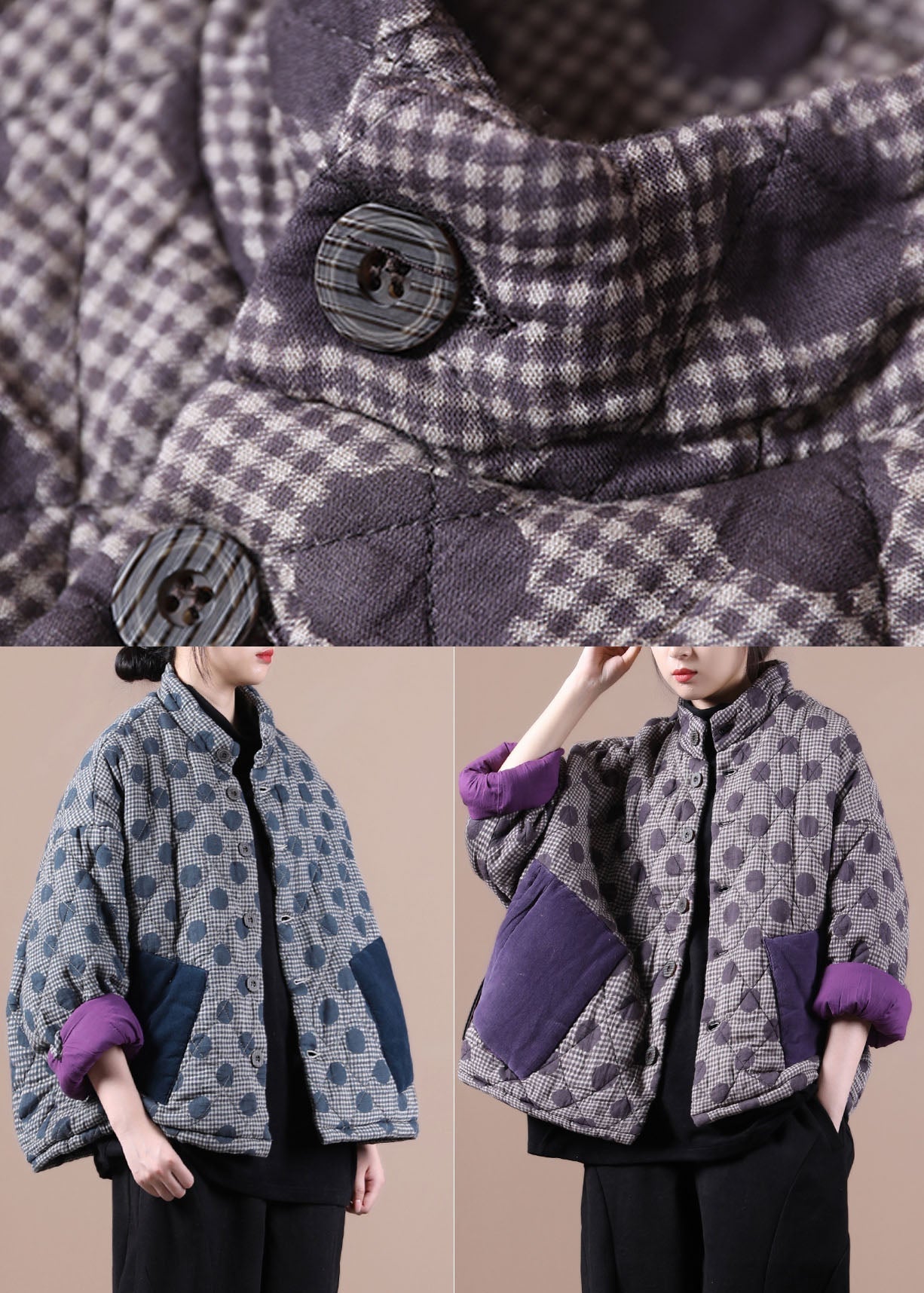  Chic Blue Pockets Patchwork Dot Winter Cotton Coat - Down Jackets - DYAVOR® 