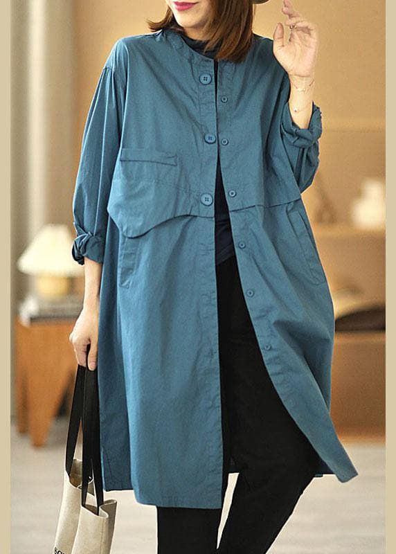  Chic Blue Stand Collar Button Pockets Fall Cotton Coats Long sleeve - Trench coats - DYAVOR® 