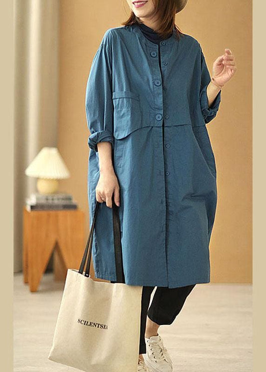  Chic Blue Stand Collar Button Pockets Fall Cotton Coats Long sleeve - Trench coats - DYAVOR® 