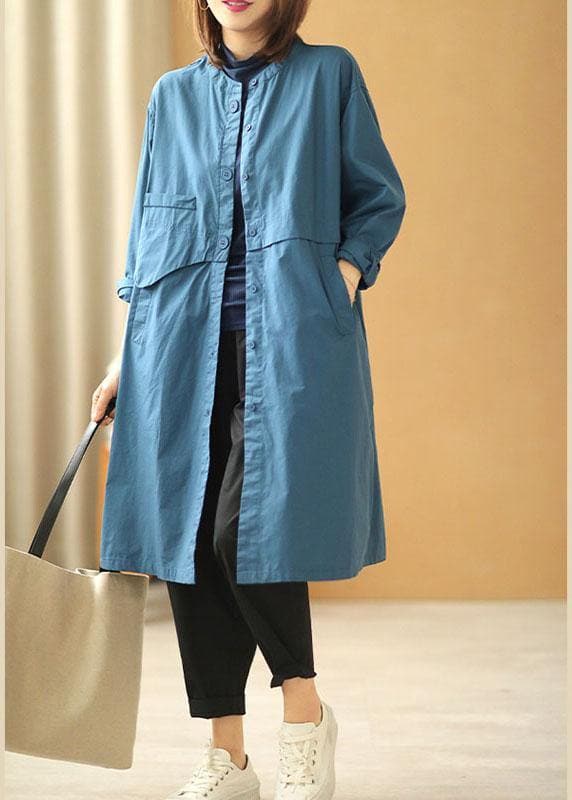  Chic Blue Stand Collar Button Pockets Fall Cotton Coats Long sleeve - Trench coats - DYAVOR® 