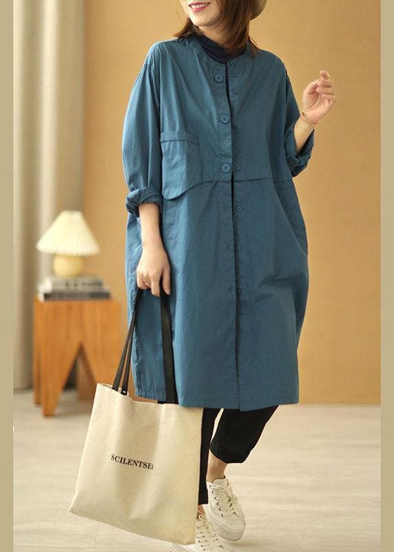  Chic Blue Stand Collar Button Pockets Fall Cotton Coats Long sleeve - Trench coats - DYAVOR® 