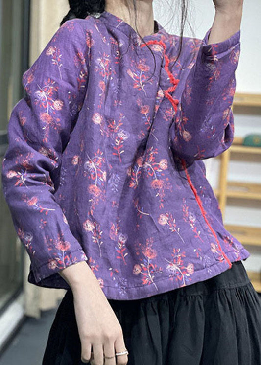 Chic Purple Stand Collar Print Fine Cotton Filled Coats Winter - Down Jackets - DYAVOR® 