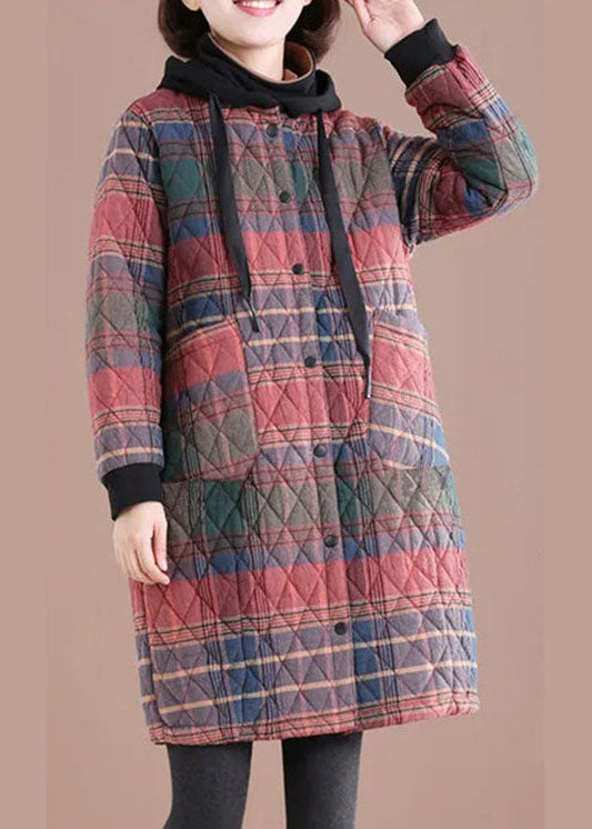  Chic Red Hooded Plaid drawstring Cotton Parkas Winter - Down Jackets - DYAVOR® 