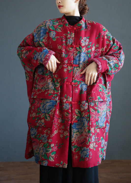  Chic Red Stand Collar Print Button Warm Fleece Cotton Parka Winter - Down Jackets - DYAVOR® 