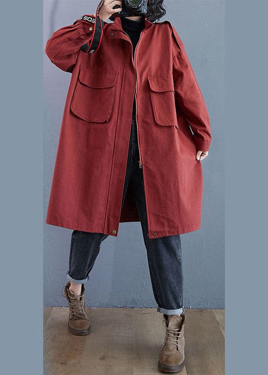 Chic Red Stand Collar Zippered Pockets Fall Long Sleeve Trench Coats