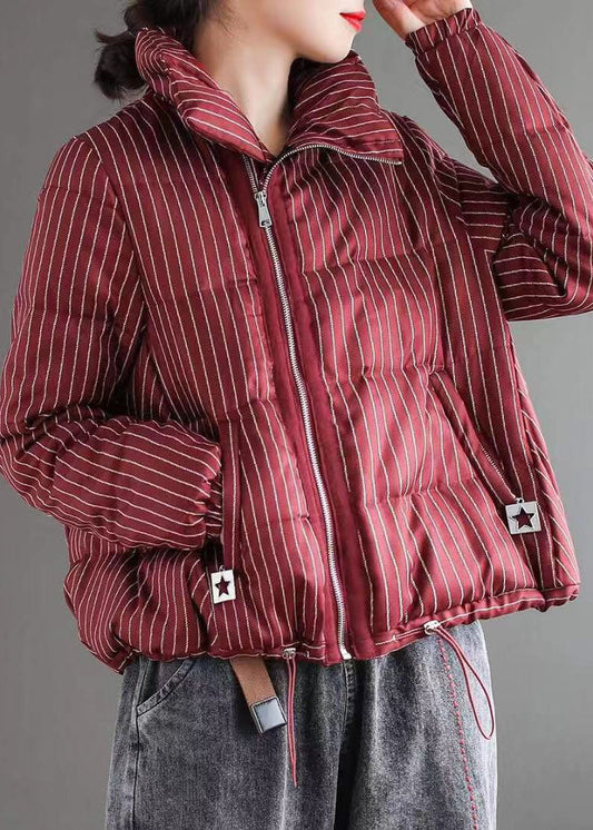  Chic Red Striped Stand Collar zippered Winter Chiffon Puffers Jackets - Down Jackets - DYAVOR® 