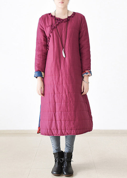  Chic Rose O-Neck Button Side Open Thick Linen Long Parka Witner - Down Jackets - DYAVOR® 